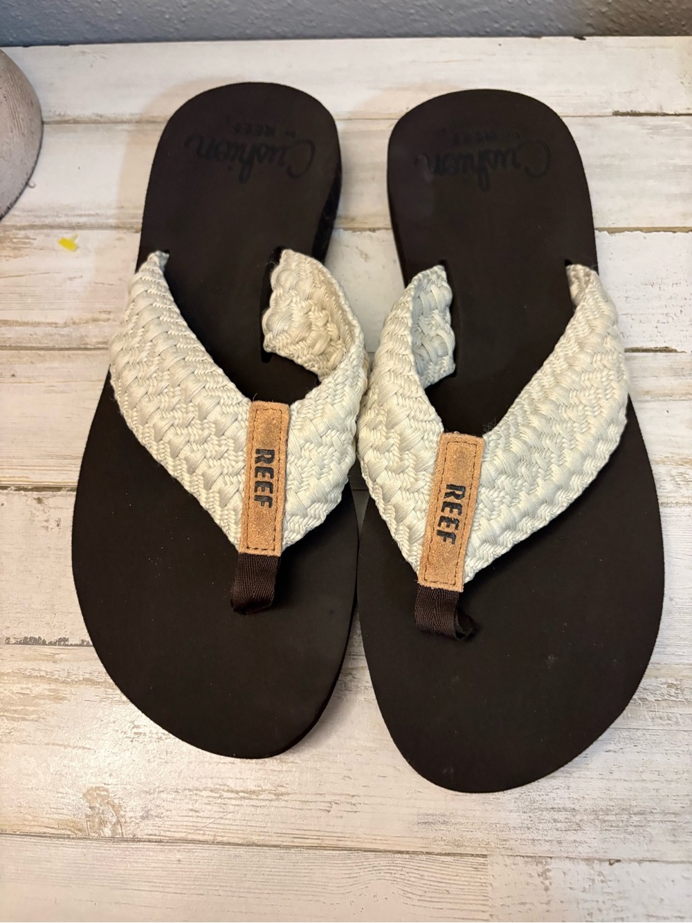 Reef Braided Strap Flip Flops in Cream and Black